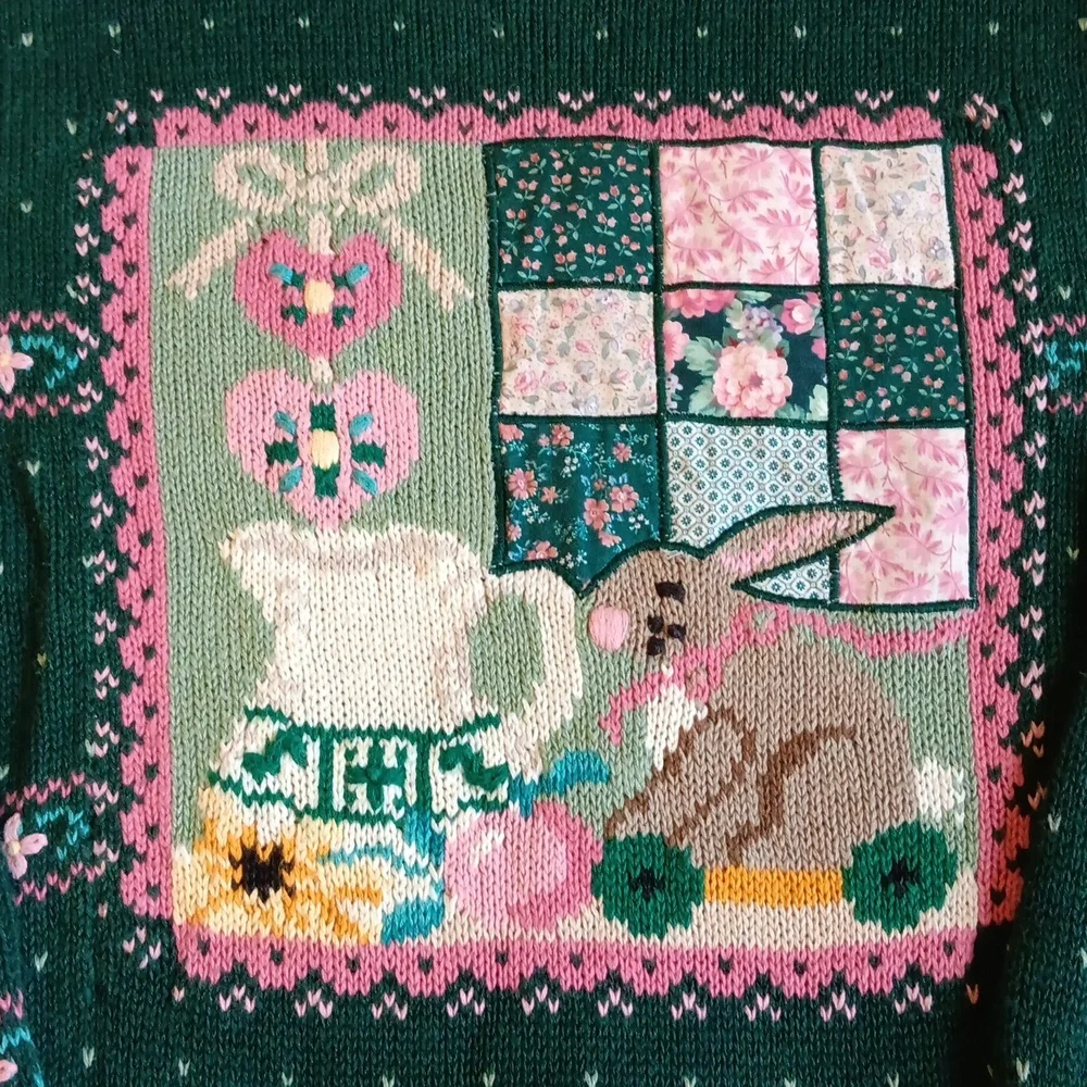 Northern Isles II Hand Embroidered Vintage Bunny Cottage Sweater Green Fall Knit - Picture 3 of 10